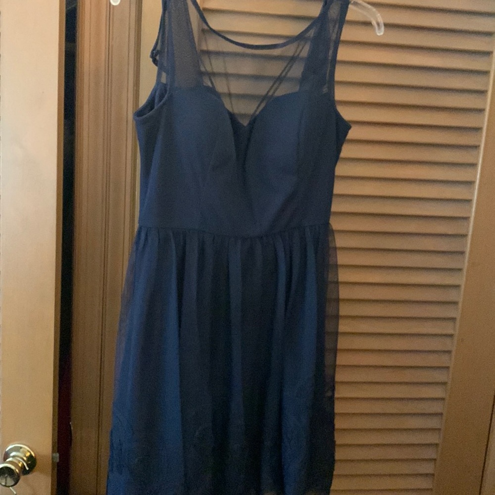 Size large Eliza J short navy blue Tull sheer top dress.